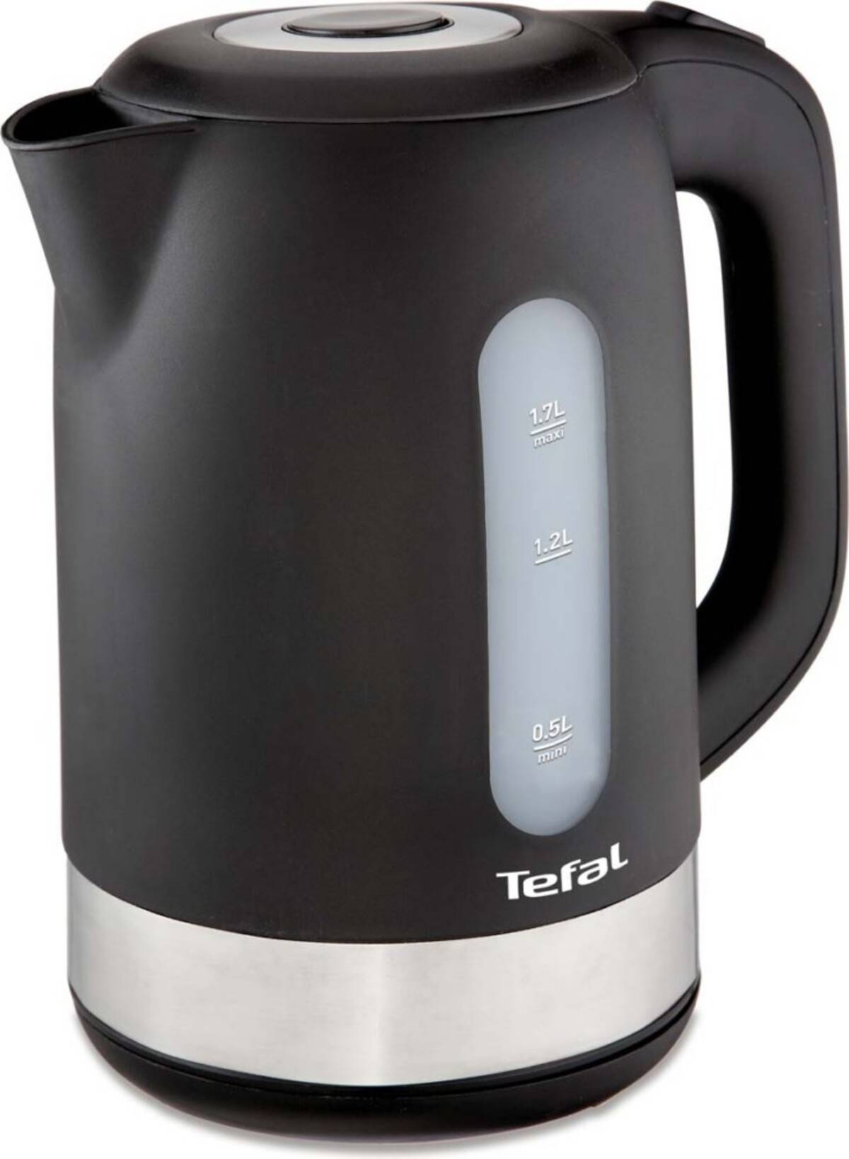 Schwarzer Tefal-Elektrokessel mit Wasserstandsfenster und silberner Basis, auf weißem Hintergrund dargestellt.