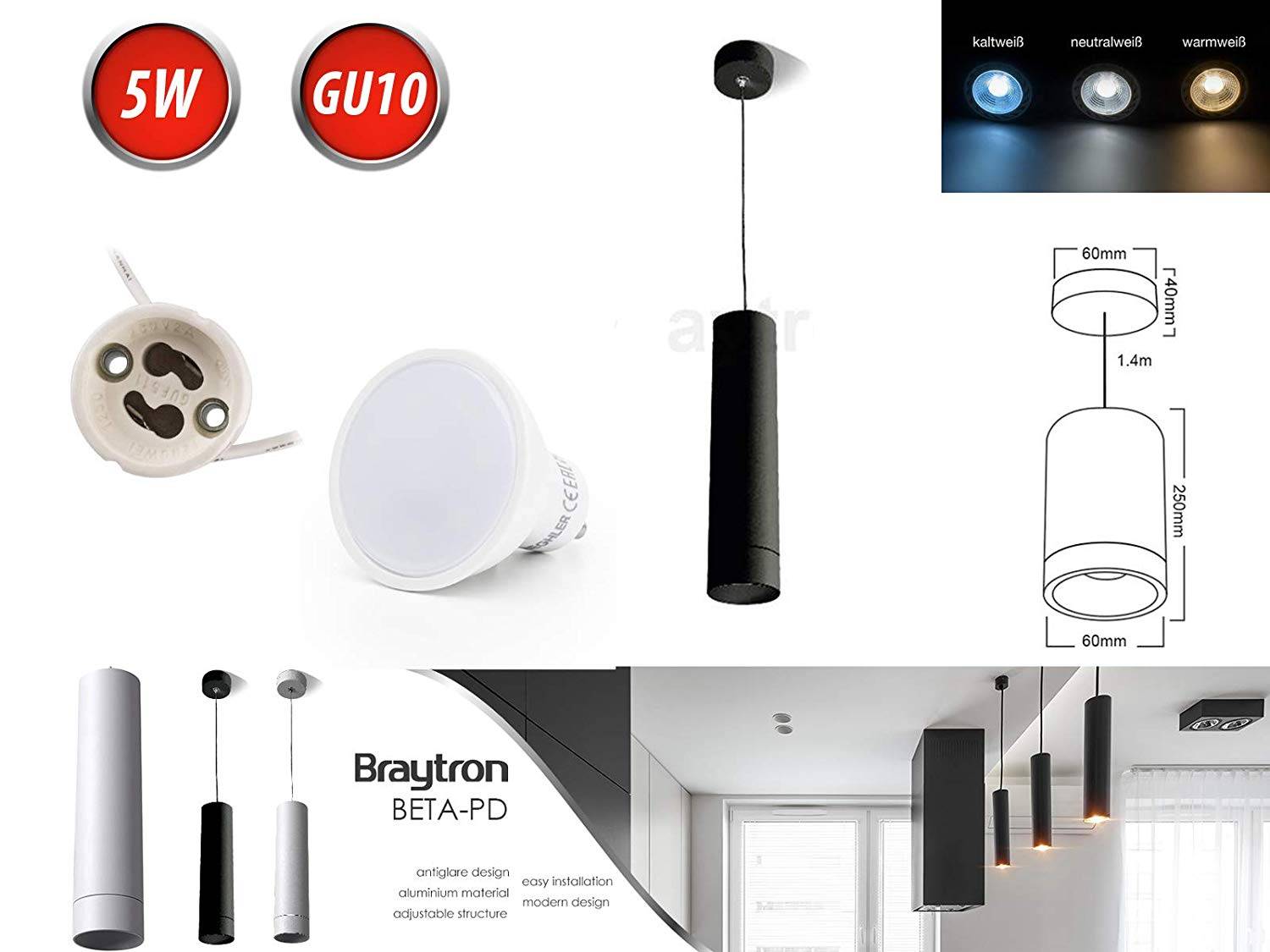 Hängeleuchte BETA Zylinder Ø60mmx250mm Deckenleuchte Pendelleuchte 1 Flammig inkl. LED GU10 5W Kaltweiß Matt-Schwarz