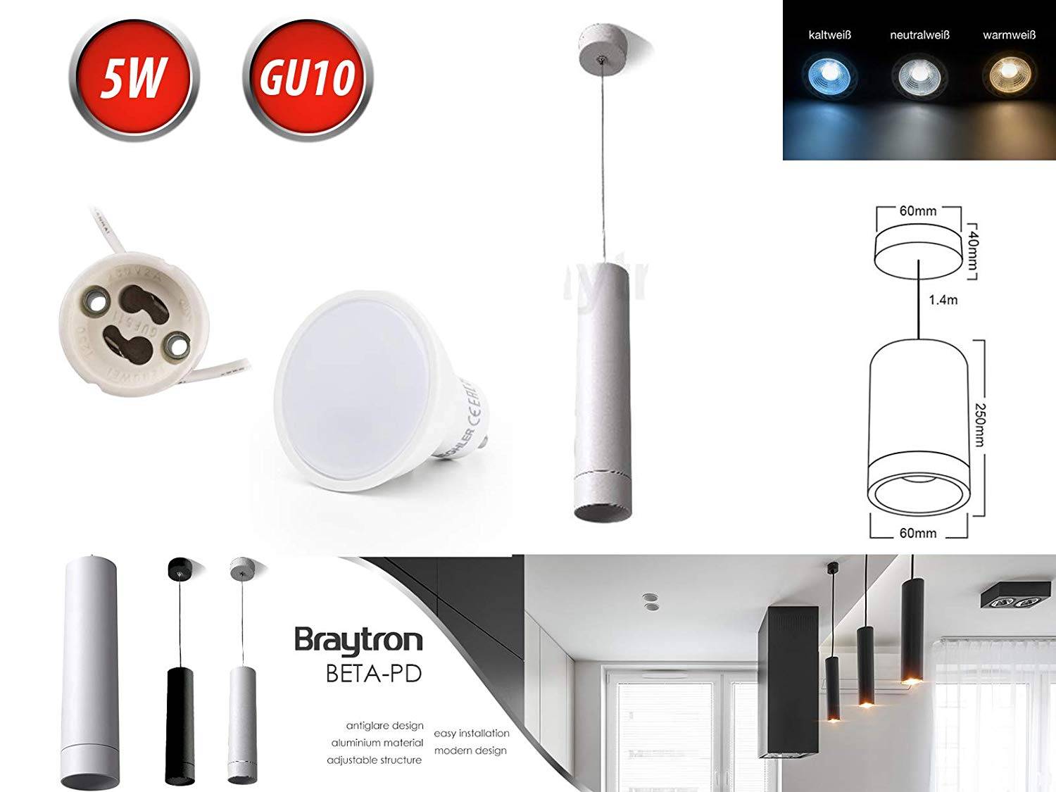 Hängeleuchte BETA Zylinder Ø60mm x 250mm Deckenleuchte Pendelleuchte 1 Flammig inkl. LED GU10 5W Warmweiß Weiß