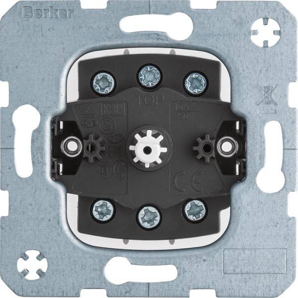 Berker-Schalterkomponente mit Metallmontagerahmen und schwarzer Innentafel, die vier Schraublöcher und verschiedene Symbole für elektrische Anschlüsse zeigt.