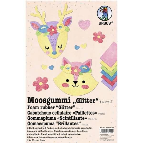 Moosgummi 2mm 20x30cm VE=6 Blatt 6 Farben Glitter Pastell