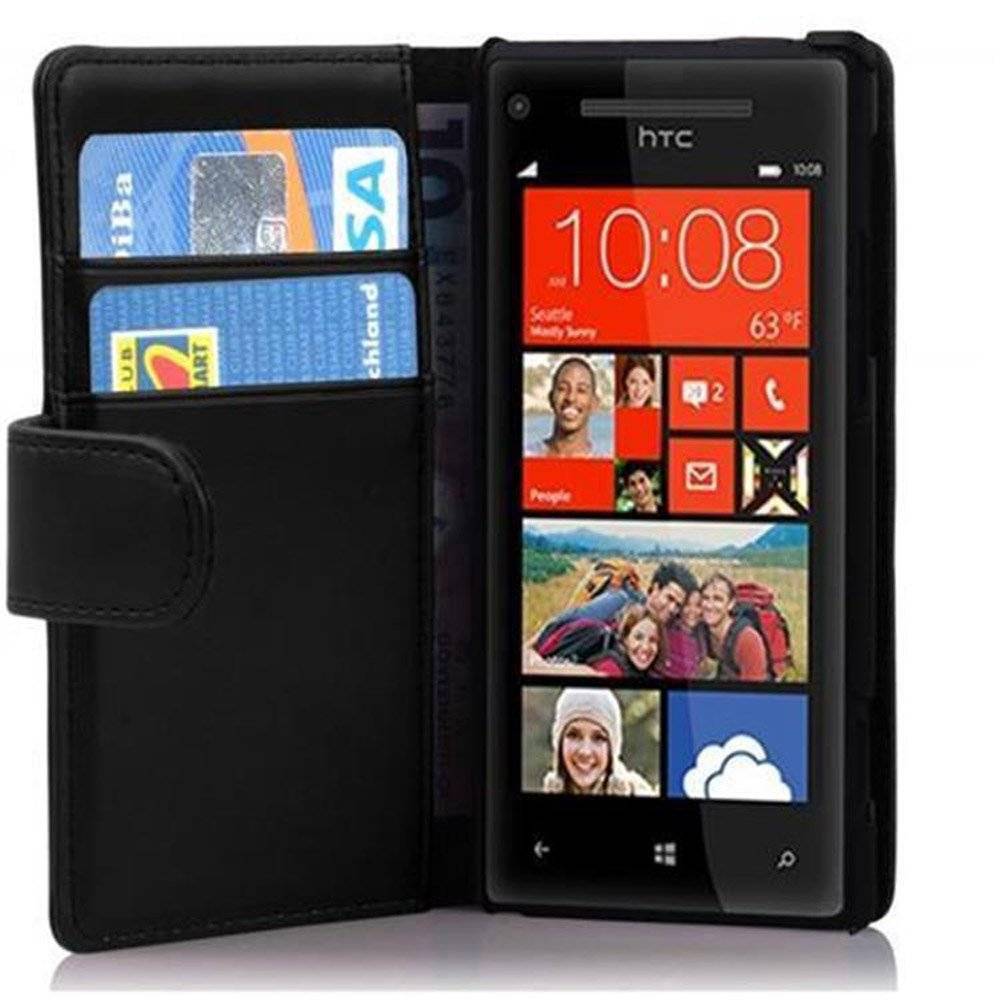 Cadorabo Handy Hülle für HTC 8X  Hülle in KAVIAR SCHWARZ , Schutzhülle Tasche case cover mit Kartenfach im glatten Design
