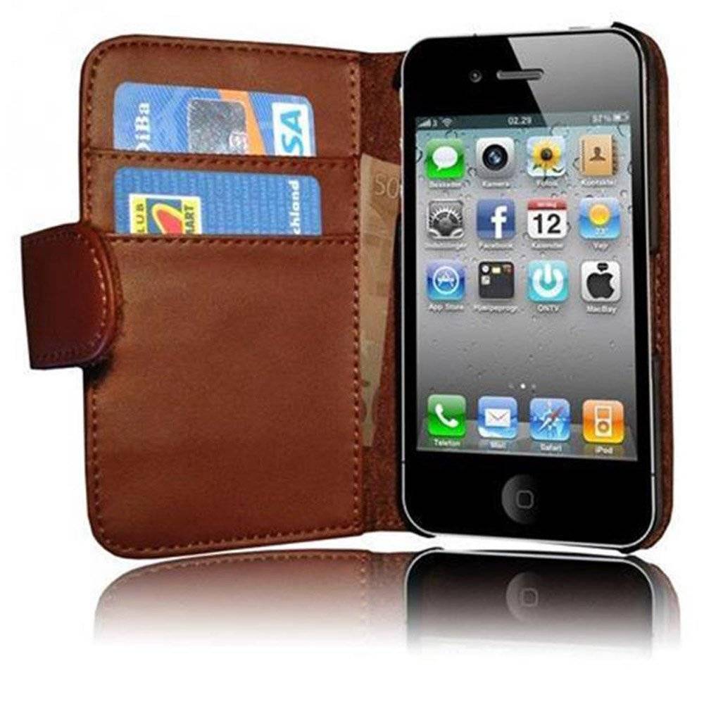 Cadorabo Handy Hülle für iPhone 4 / iPhone 4S Hülle in KAKAO BRAUN , Schutzhülle Tasche case cover mit Kartenfach im glatten Design