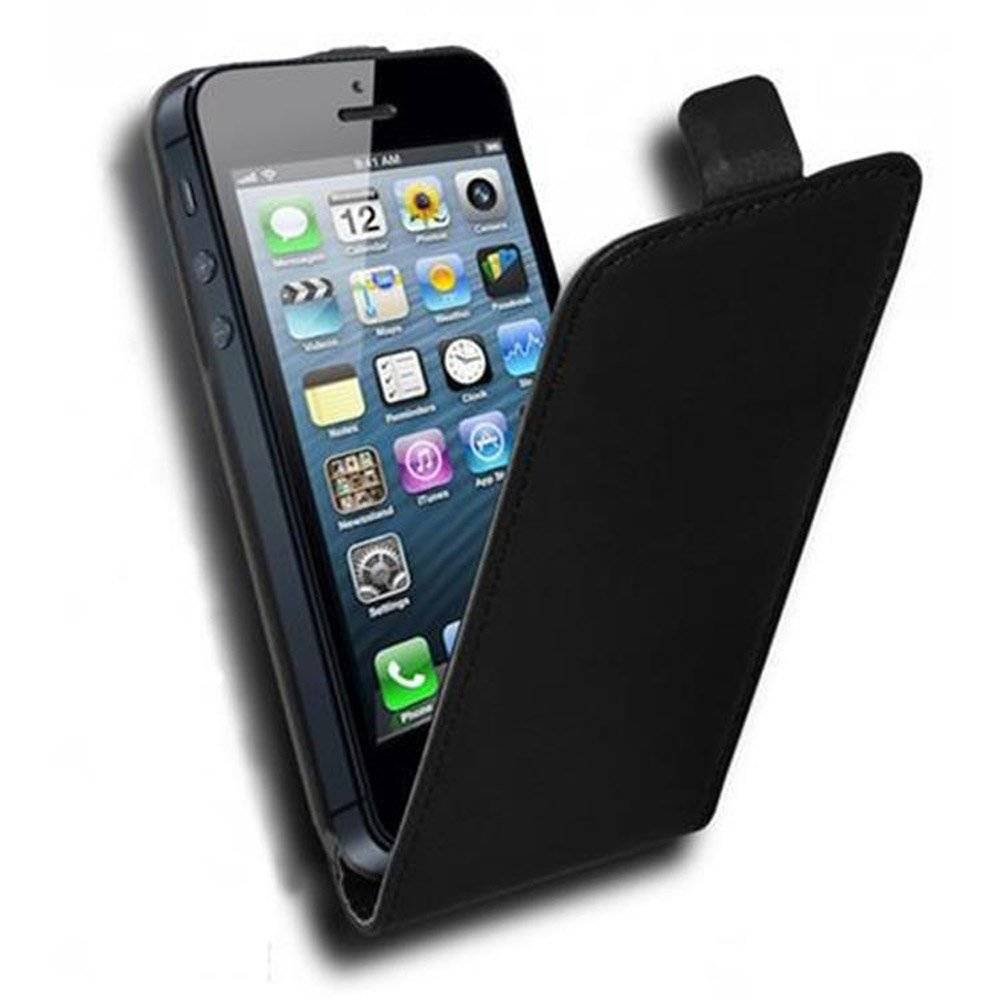 Cadorabo Hülle für Apple iPhone 5 / iPhone 5S / iPhone SE Hülle in KAVIAR SCHWARZ - Handyhülle im Flip Design aus glattem Textilleder - Case Cover