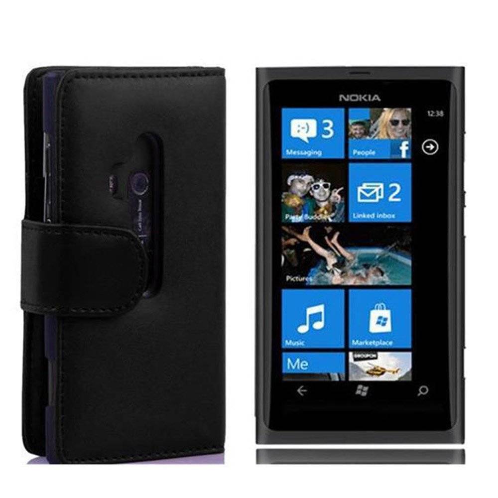 Cadorabo Handy Hülle für Nokia Lumia 800 Hülle in KAVIAR SCHWARZ , Schutzhülle Tasche case cover mit Kartenfach im glatten Design