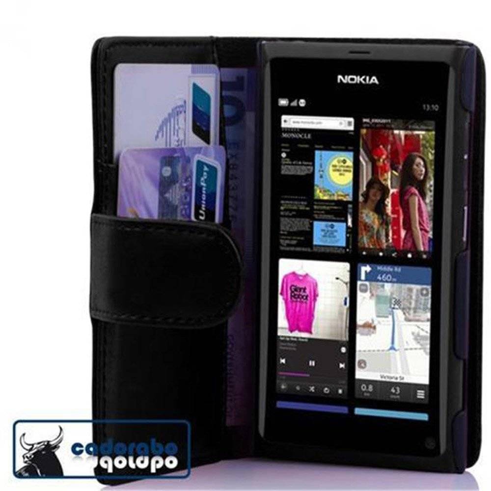 Cadorabo Handy Hülle für Nokia Lumia 800 Hülle in KAVIAR SCHWARZ , Schutzhülle Tasche case cover mit Kartenfach im glatten Design