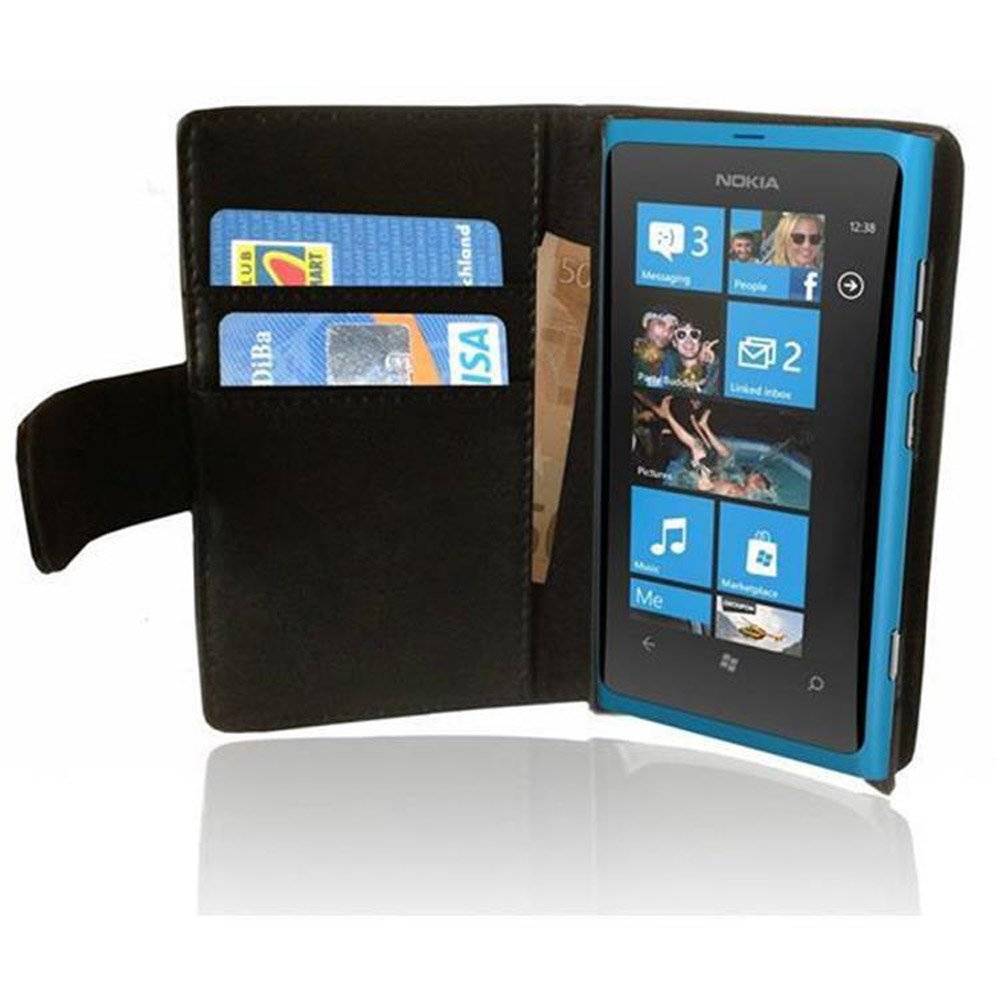 Cadorabo Handy Hülle für Nokia Lumia 800 Hülle in KAVIAR SCHWARZ , Schutzhülle Tasche case cover mit Kartenfach im glatten Design