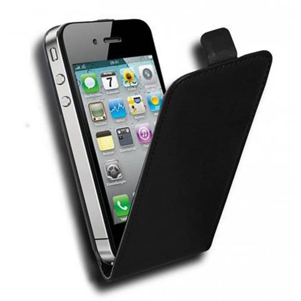Cadorabo Hülle für Apple iPhone 4 / iPhone 4S Hülle in KAVIAR SCHWARZ - Handyhülle im Flip Design aus glattem Textilleder - Case Cover Schutzhüll