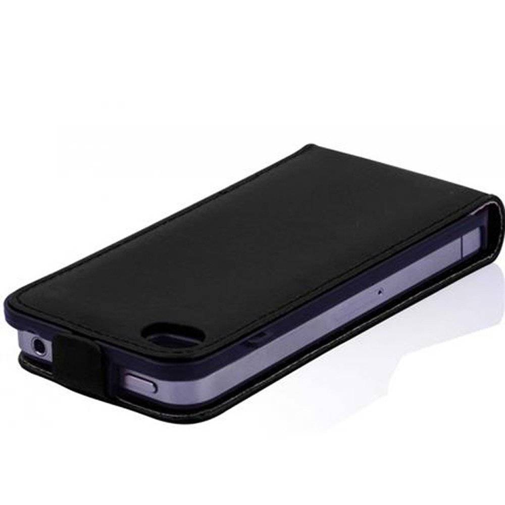 Cadorabo Hülle für Apple iPhone 4 / iPhone 4S Hülle in KAVIAR SCHWARZ - Handyhülle im Flip Design aus glattem Textilleder - Case Cover Schutzhüll