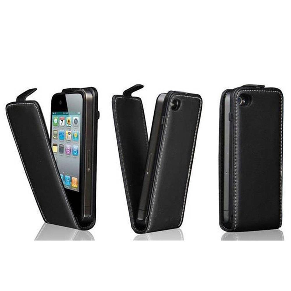 Cadorabo Hülle für Apple iPhone 4 / iPhone 4S Hülle in KAVIAR SCHWARZ - Handyhülle im Flip Design aus glattem Textilleder - Case Cover Schutzhüll