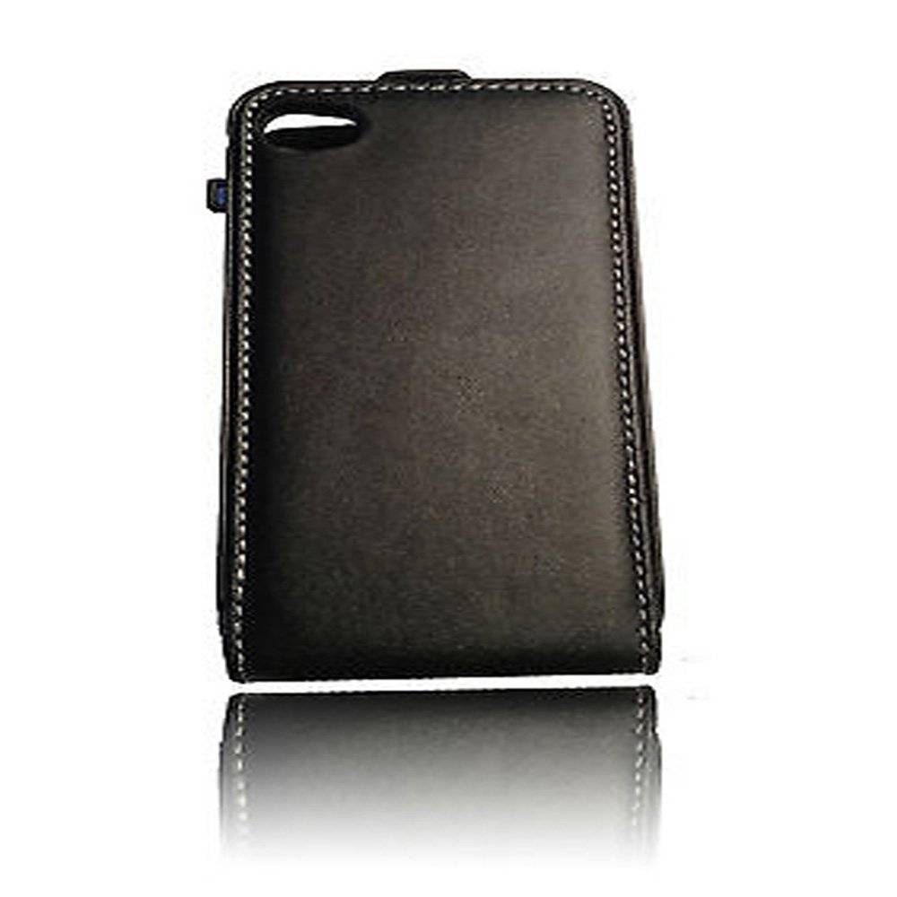Cadorabo Hülle für Apple iPhone 4 / iPhone 4S Hülle in KAVIAR SCHWARZ - Handyhülle im Flip Design aus glattem Textilleder - Case Cover Schutzhüll