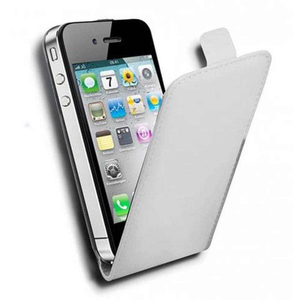 Cadorabo Hülle für Apple iPhone 4 / iPhone 4S Hülle in POLAR WEIß - Handyhülle im Flip Design aus glattem Textilleder - Case Cover Schutzhülle E