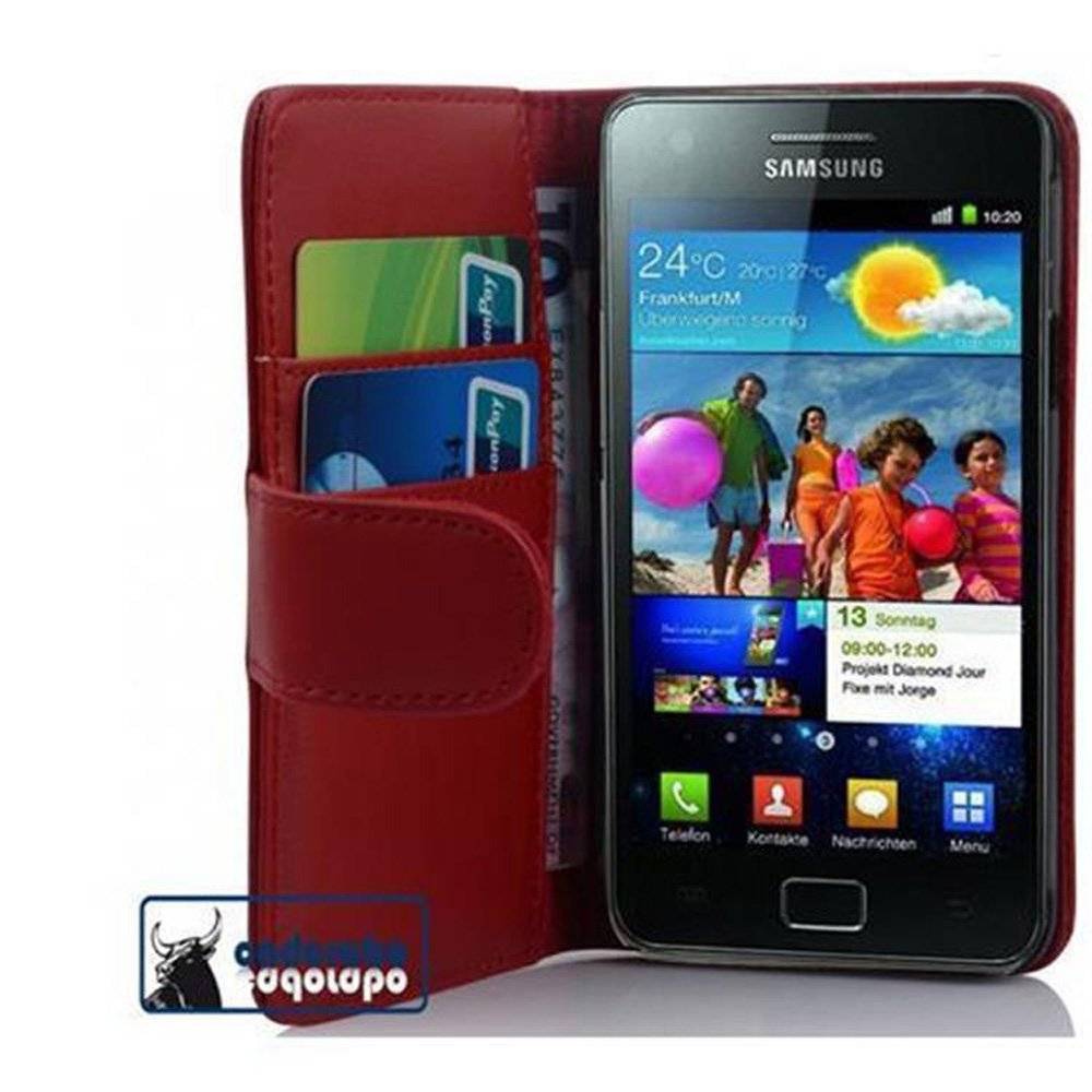 Cadorabo Handy Hülle für Galaxy S2 / S2 PLUS  Hülle in CHILI ROT , Schutzhülle Tasche case cover mit Kartenfach im glatten Design