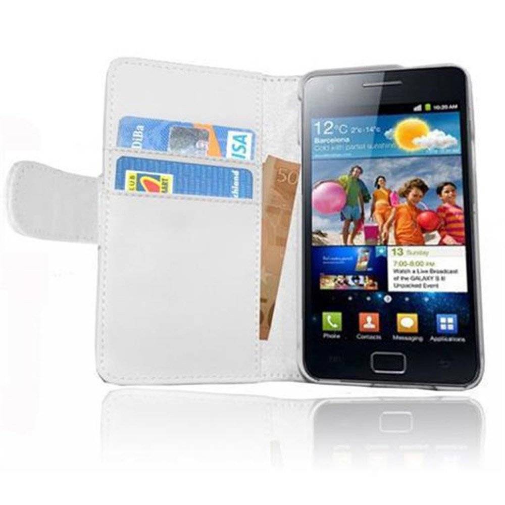 Cadorabo Handy Hülle für Galaxy S2 / S2 PLUS  Hülle in POLAR WEIß , Schutzhülle Tasche case cover mit Kartenfach im glatten Design