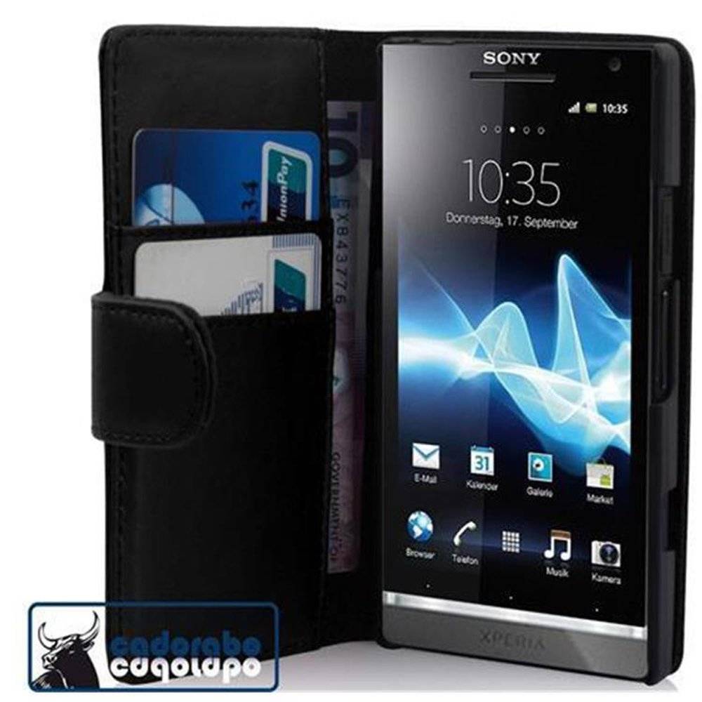 Cadorabo Handy Hülle für Sony Xperia S  Hülle in KAVIAR SCHWARZ , Schutzhülle Tasche case cover mit Kartenfach im glatten Design