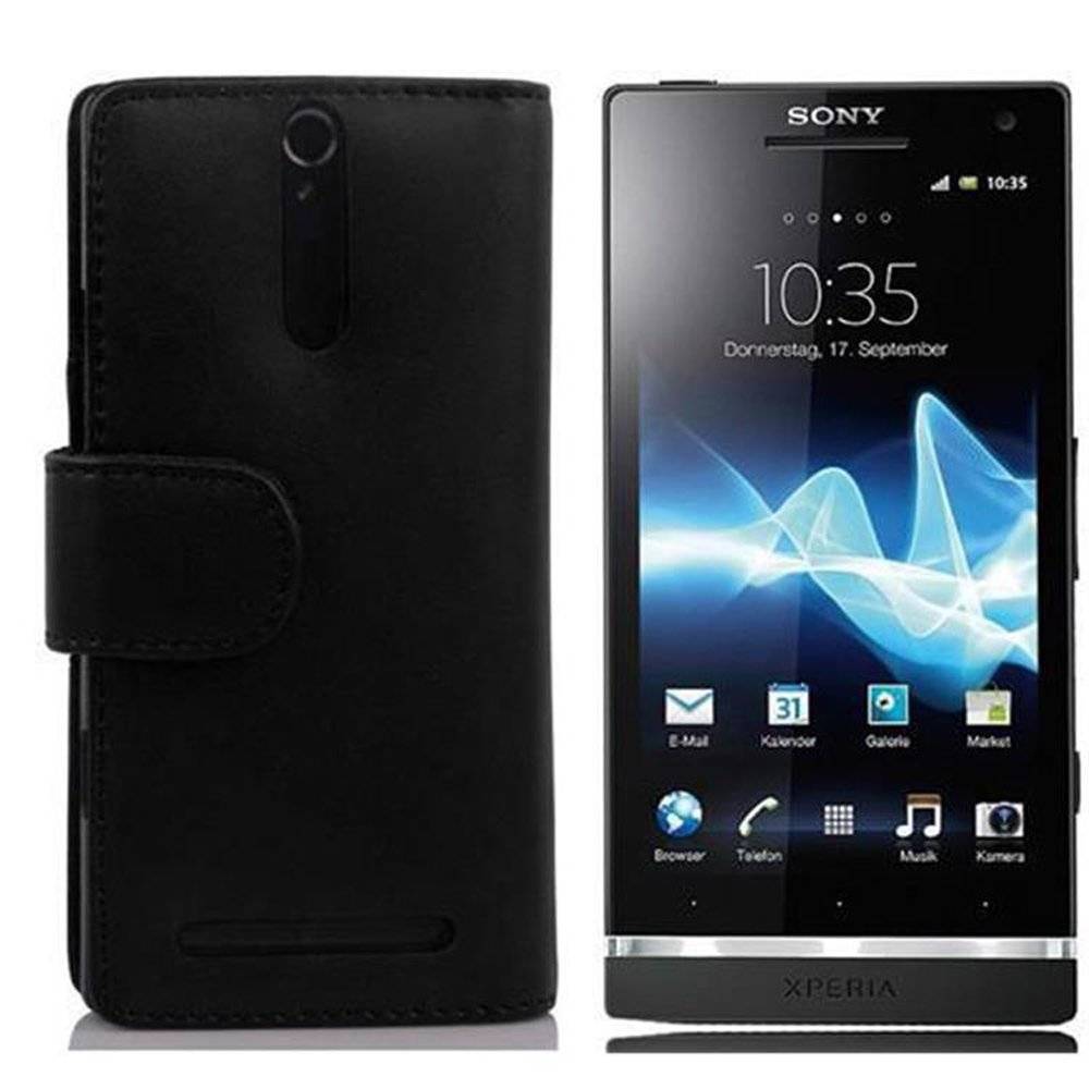 Cadorabo Handy Hülle für Sony Xperia S  Hülle in KAVIAR SCHWARZ , Schutzhülle Tasche case cover mit Kartenfach im glatten Design
