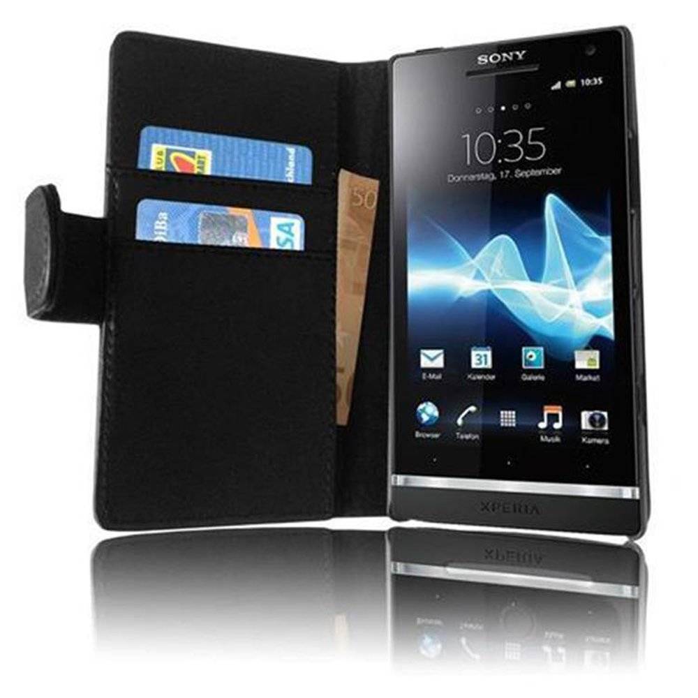 Cadorabo Handy Hülle für Sony Xperia S  Hülle in KAVIAR SCHWARZ , Schutzhülle Tasche case cover mit Kartenfach im glatten Design