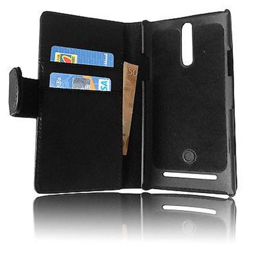 Cadorabo Handy Hülle für Sony Xperia S  Hülle in KAVIAR SCHWARZ , Schutzhülle Tasche case cover mit Kartenfach im glatten Design