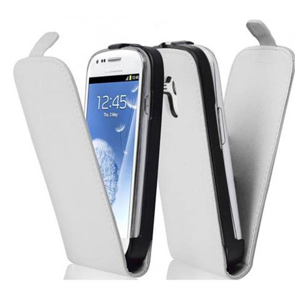 Cadorabo Hülle für Samsung Galaxy S3 MINI Hülle in POLAR WEIß - Handyhülle im Flip Design aus glattem Textilleder - Case Cover Schutzhülle Etui
