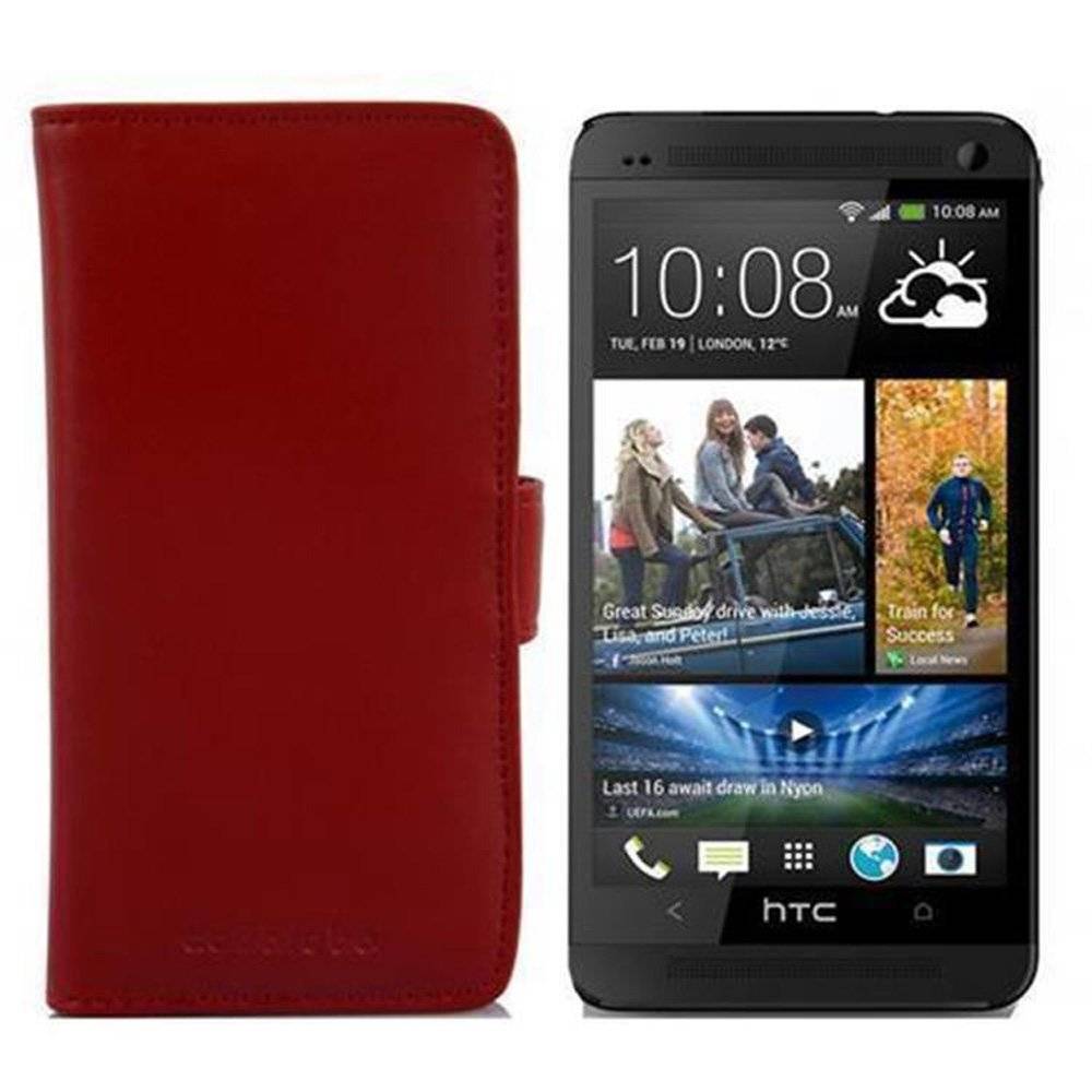 Cadorabo Handy Hülle für HTC ONE M7 Hülle in CHILI ROT , Schutzhülle Tasche case cover mit Kartenfach im glatten Design