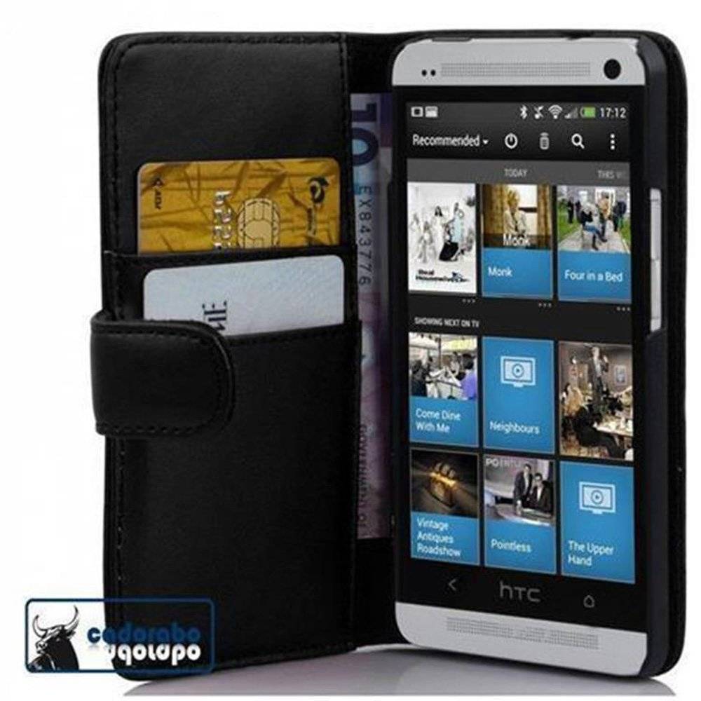 Cadorabo Handy Hülle für HTC ONE M7 Hülle in KAVIAR SCHWARZ , Schutzhülle Tasche case cover mit Kartenfach im glatten Design