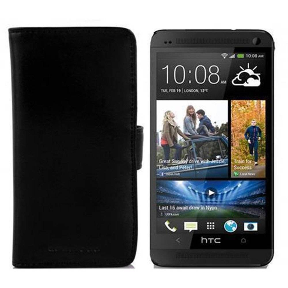 Cadorabo Handy Hülle für HTC ONE M7 Hülle in KAVIAR SCHWARZ , Schutzhülle Tasche case cover mit Kartenfach im glatten Design