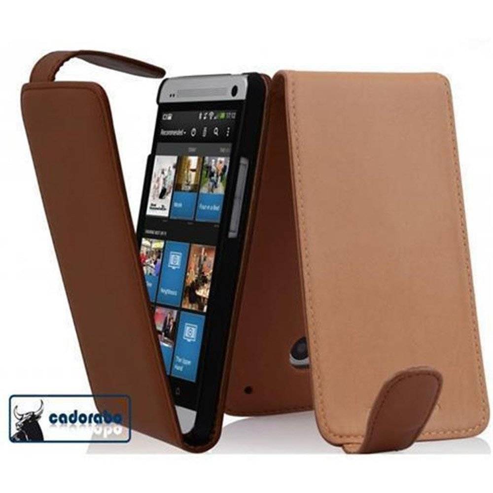 Cadorabo Hülle für HTC ONE M7 Hülle in KAKAO BRAUN - Handyhülle im Flip Design aus glattem Textilleder - Case Cover Schutzhülle Etui Tasche Book