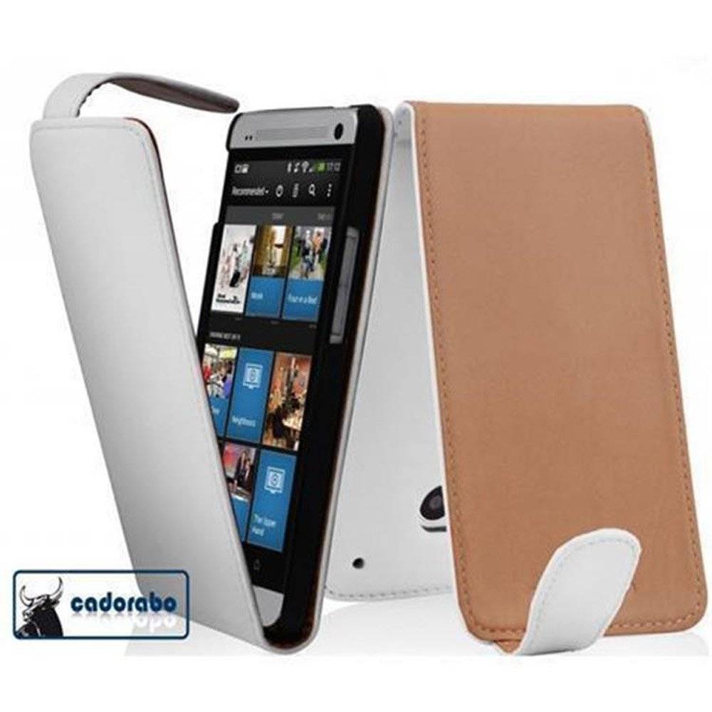 Cadorabo Hülle für HTC ONE M7 Hülle in POLAR WEIß - Handyhülle im Flip Design aus glattem Textilleder - Case Cover Schutzhülle Etui Tasche Book