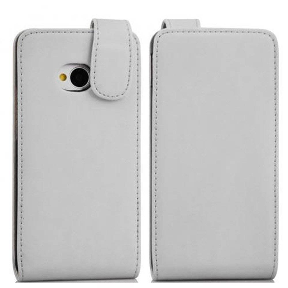 Cadorabo Hülle für HTC ONE M7 Hülle in POLAR WEIß - Handyhülle im Flip Design aus glattem Textilleder - Case Cover Schutzhülle Etui Tasche Book