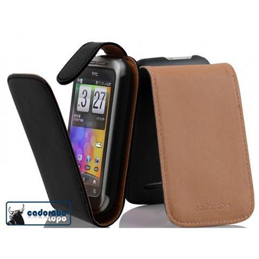 Cadorabo Hülle für HTC WILDFIRE S Hülle in KAVIAR SCHWARZ - Handyhülle im Flip Design aus glattem Textilleder - Case Cover Schutzhülle Etui Tasch