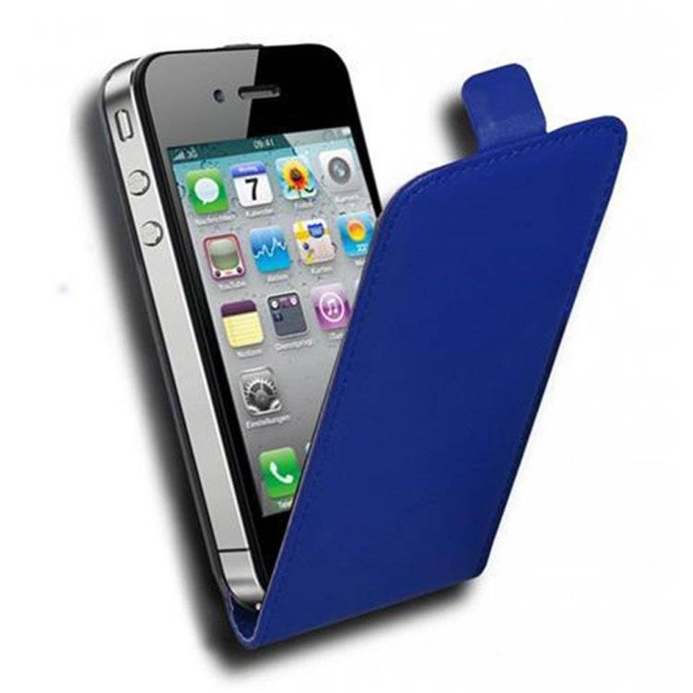 Cadorabo Hülle für Apple iPhone 4 / iPhone 4S Hülle in BRILLIANT BLAU - Handyhülle im Flip Design aus glattem Textilleder - Case Cover Schutzhüll