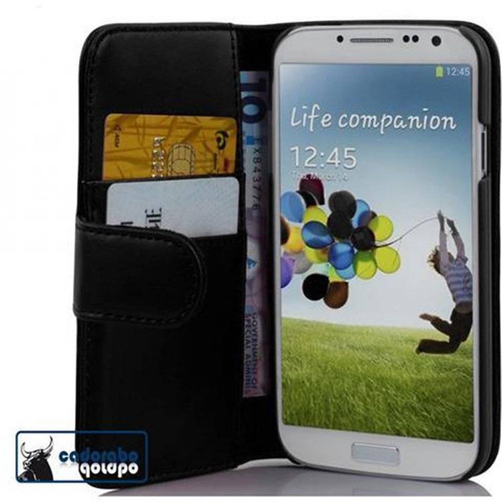 Cadorabo Handy Hülle für Galaxy S4 Hülle in KAVIAR SCHWARZ , Schutzhülle Tasche case cover mit Kartenfach im glatten Design