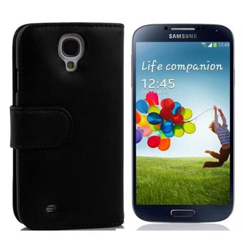 Cadorabo Handy Hülle für Galaxy S4 Hülle in KAVIAR SCHWARZ , Schutzhülle Tasche case cover mit Kartenfach im glatten Design