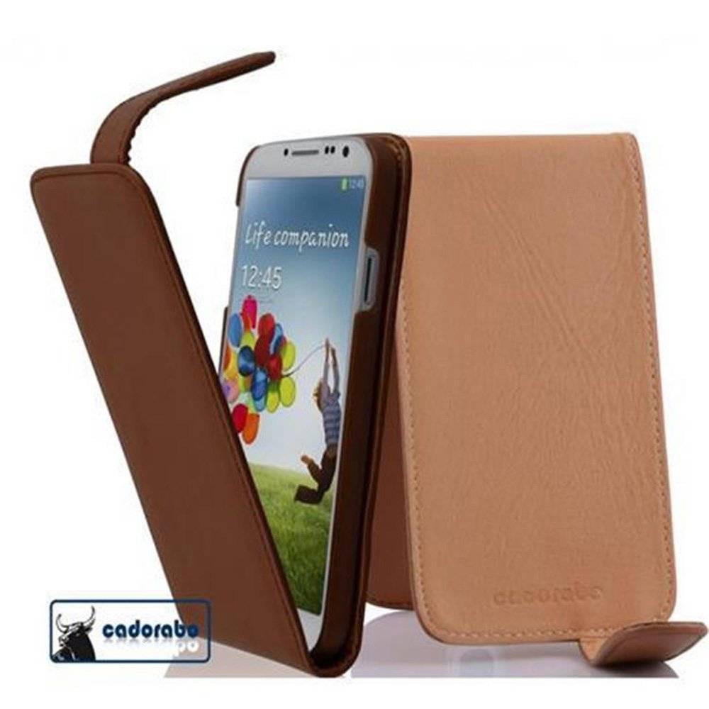Cadorabo Hülle für Samsung Galaxy S4 Hülle in KAKAO BRAUN - Handyhülle im Flip Design aus glattem Textilleder - Case Cover Schutzhülle Etui Tasch