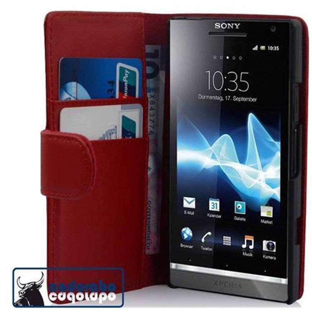 Cadorabo Handy Hülle für Sony Xperia S  Hülle in CHILI ROT , Schutzhülle Tasche case cover mit Kartenfach im glatten Design