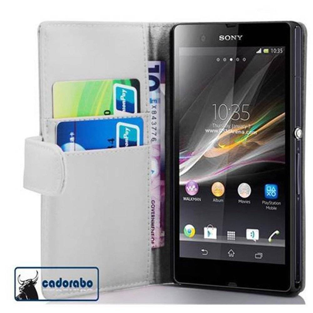 Cadorabo Handy Hülle für Sony Xperia Z (1. Gen.)  Hülle in POLAR WEIß , Schutzhülle Tasche case cover mit Kartenfach im glatten Design