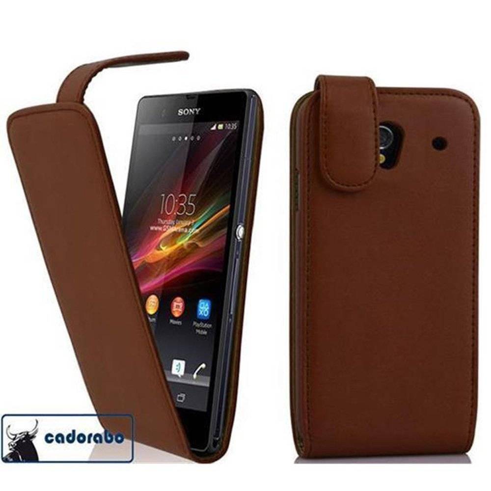 Cadorabo Hülle für Sony Xperia Z1 Hülle in KAKAO BRAUN - Handyhülle im Flip Design aus glattem Textilleder - Case Cover Schutzhülle Etui Tasche B