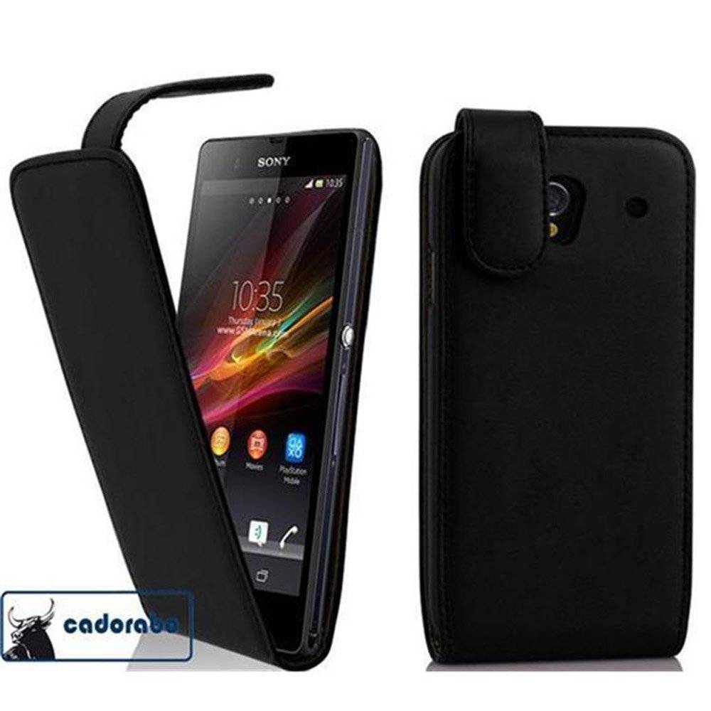 Cadorabo Hülle für Sony Xperia Z1 Hülle in KAVIAR SCHWARZ - Handyhülle im Flip Design aus glattem Textilleder - Case Cover Schutzhülle Etui Tasch