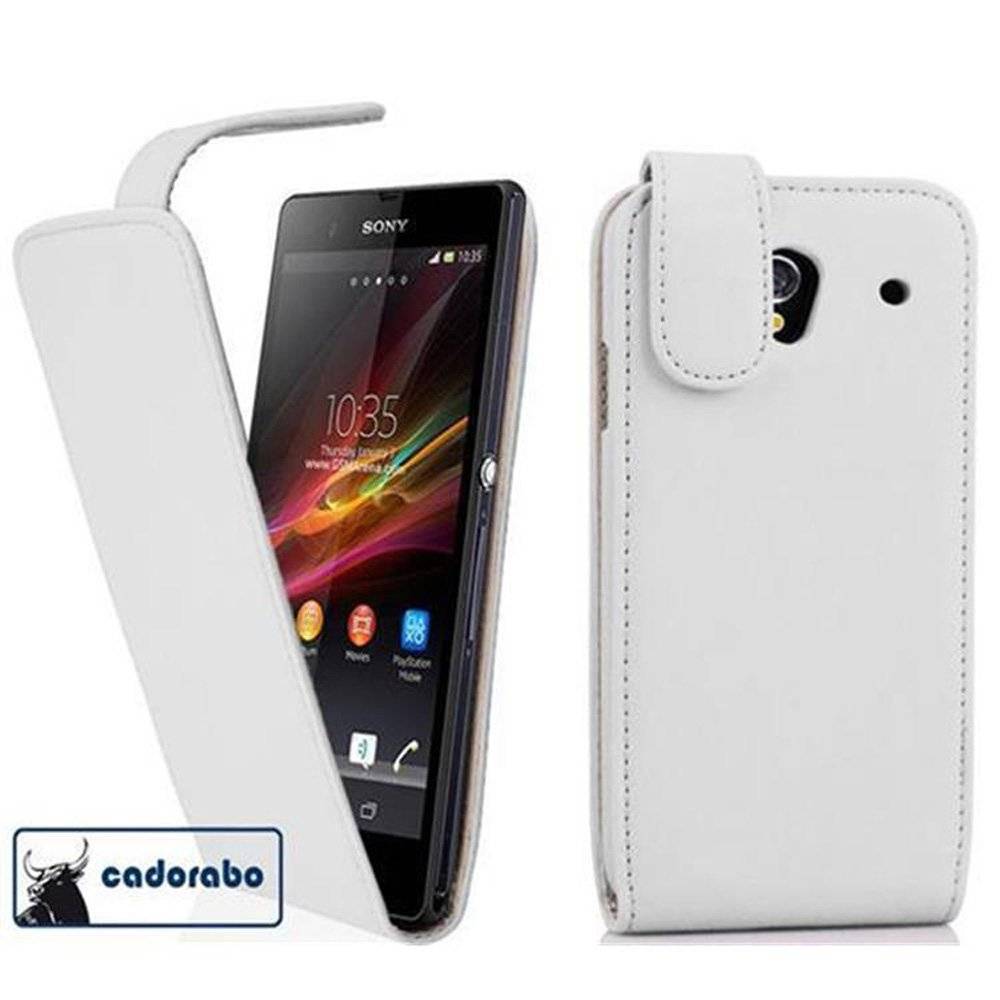 Cadorabo Hülle für Sony Xperia Z1 Hülle in POLAR WEIß - Handyhülle im Flip Design aus glattem Textilleder - Case Cover Schutzhülle Etui Tasche B