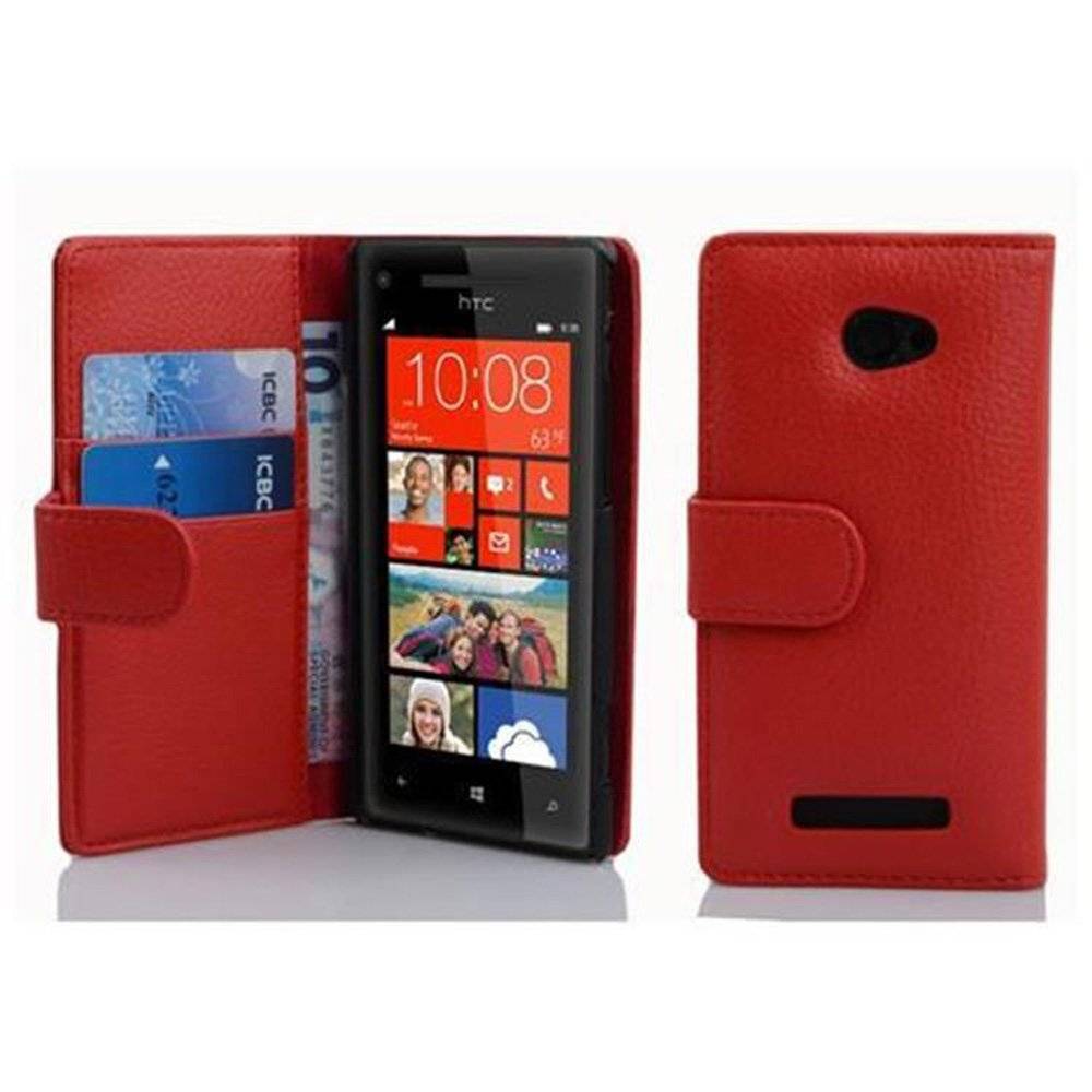 Cadorabo Handy Hülle für HTC 8X  Hülle in INFERNO ROT , Schutzhülle Tasche case cover mit Kartenfach im Struktur Design