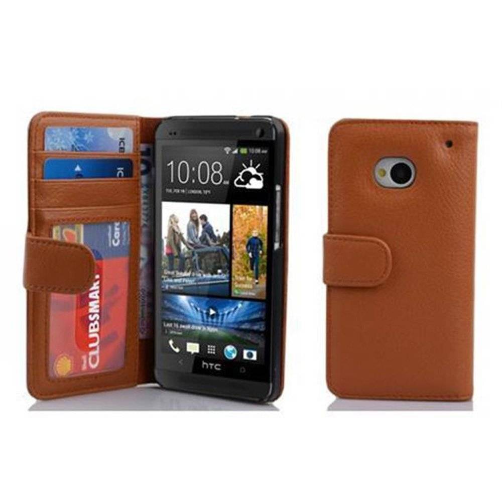 Cadorabo Handy Hülle für HTC ONE M7 (1. Gen.)  Hülle in COGNAC BRAUN , Schutzhülle Tasche case cover mit 3 Kartenfächern Magnetverschluss