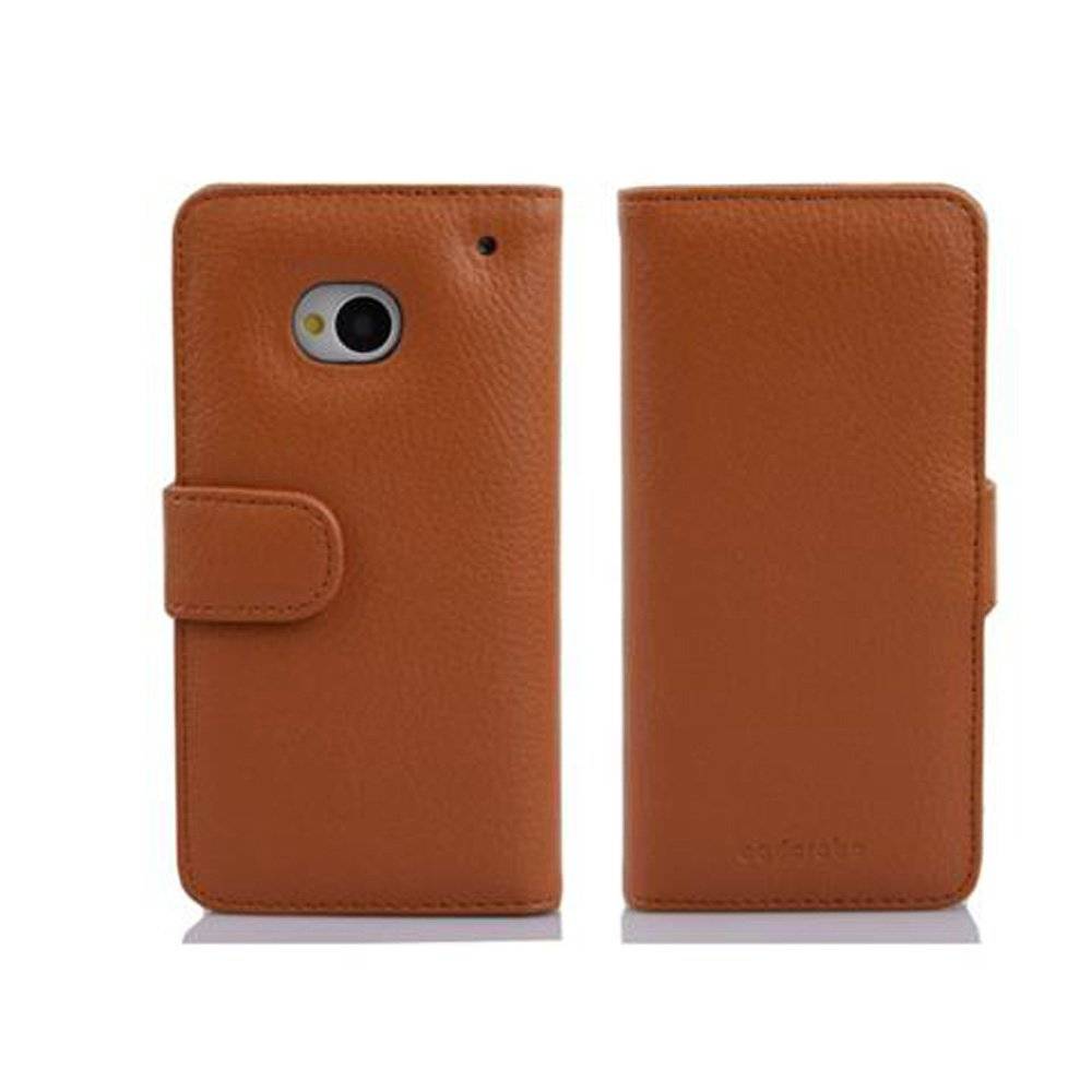 Cadorabo Handy Hülle für HTC ONE M7 (1. Gen.)  Hülle in COGNAC BRAUN , Schutzhülle Tasche case cover mit 3 Kartenfächern Magnetverschluss