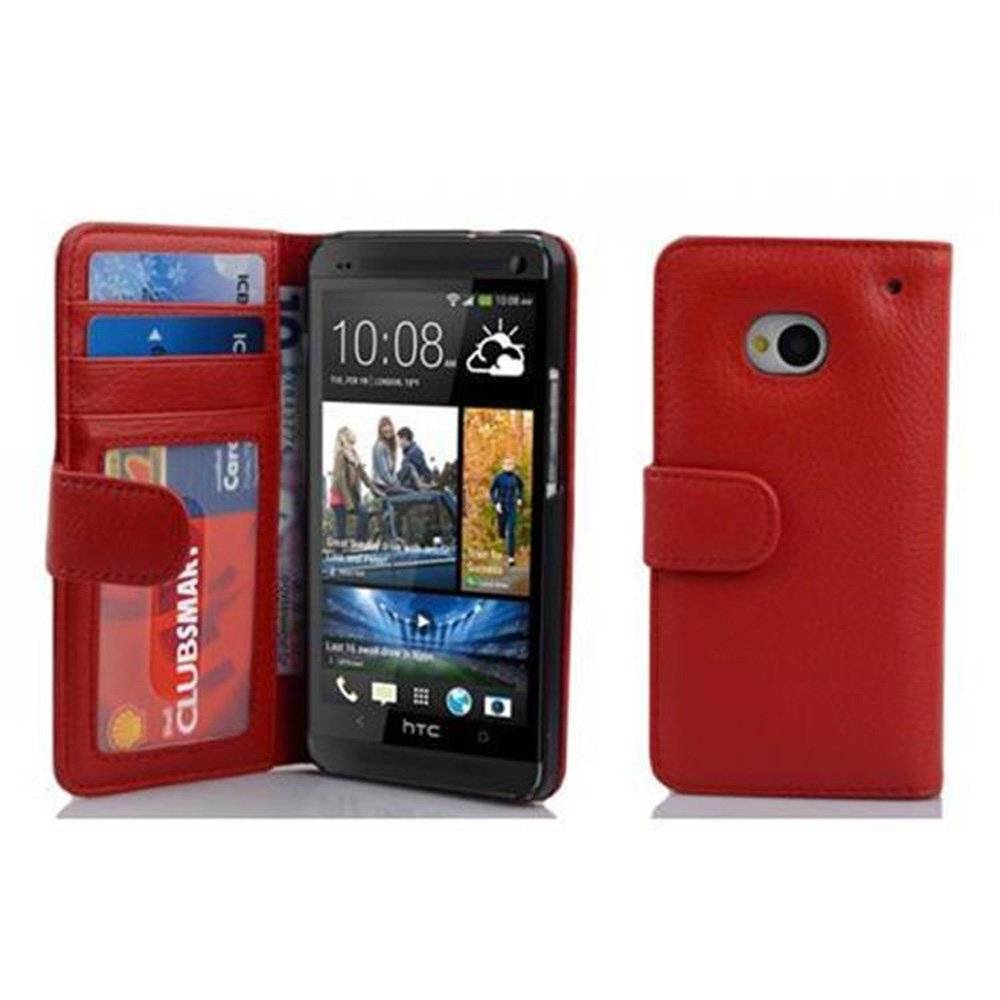 Cadorabo Handy Hülle für HTC ONE M7 (1. Gen.)  Hülle in INFERNO ROT , Schutzhülle Tasche case cover mit 3 Kartenfächern Magnetverschluss