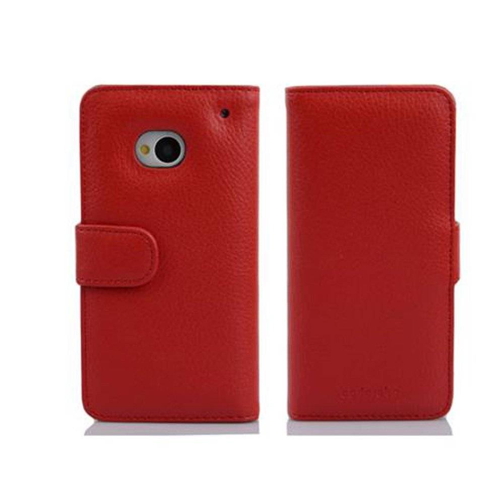Cadorabo Handy Hülle für HTC ONE M7 (1. Gen.)  Hülle in INFERNO ROT , Schutzhülle Tasche case cover mit 3 Kartenfächern Magnetverschluss
