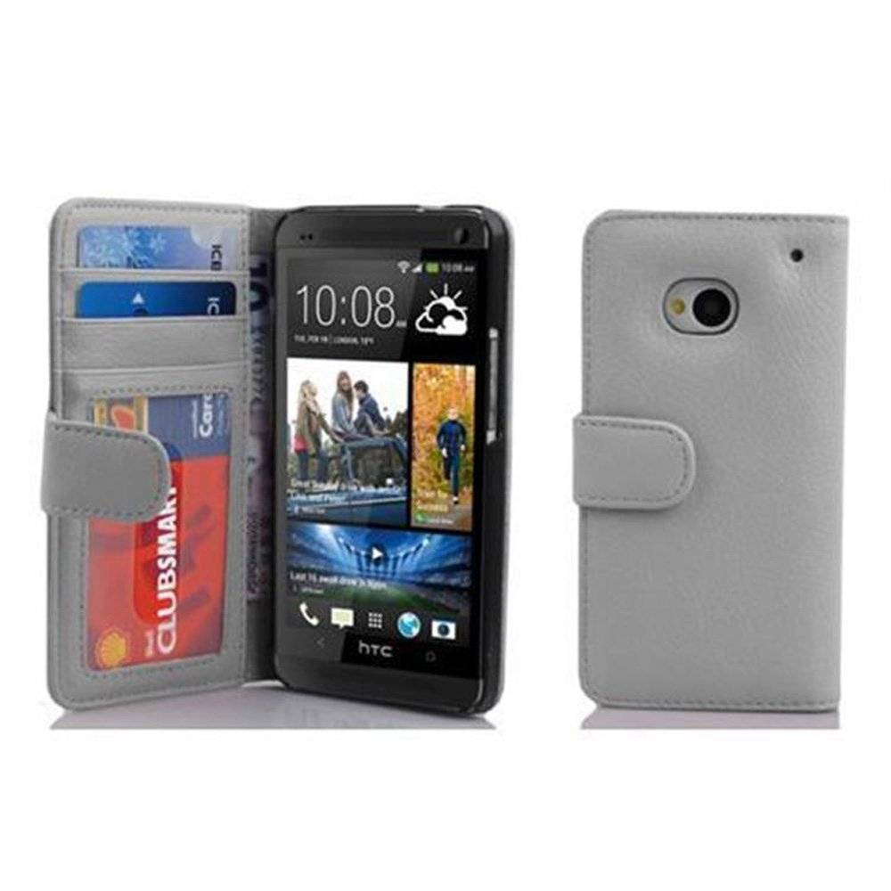 Cadorabo Handy Hülle für HTC ONE M7 (1. Gen.)  Hülle in MAGNESIUM WEIß , Schutzhülle Tasche case cover mit 3 Kartenfächern Magnetverschluss