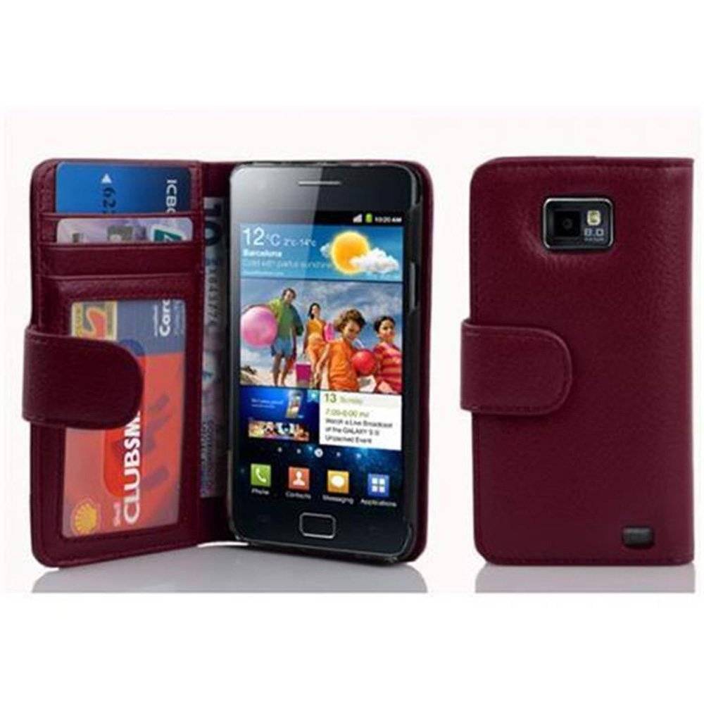 Cadorabo Handy Hülle für Samsung Galaxy S2 / S2 PLUS Hülle in BORDEAUX LILA , Schutzhülle Tasche case cover mit 3 Kartenfächern Magnetverschluss