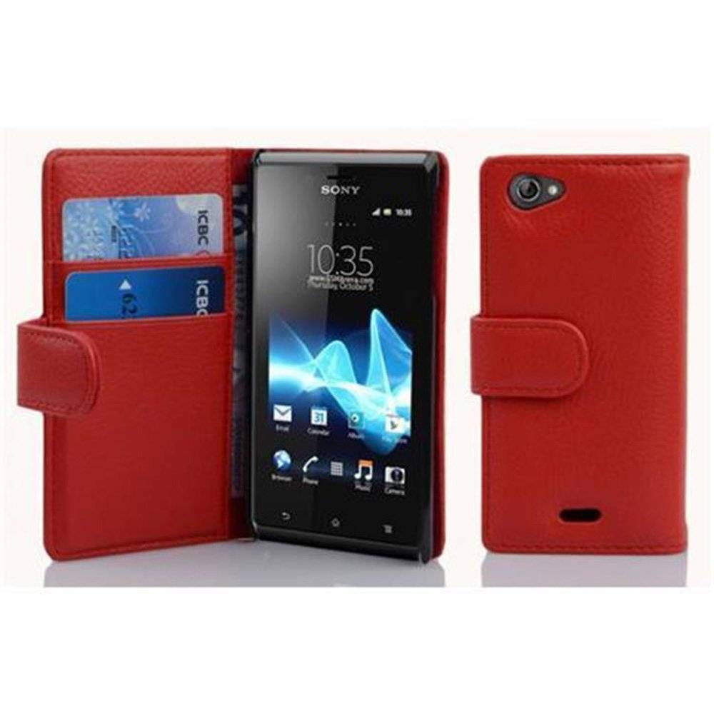 Cadorabo Handy Hülle für Sony Xperia J Hülle in INFERNO ROT , Schutzhülle Tasche case cover mit Kartenfach im Struktur Design