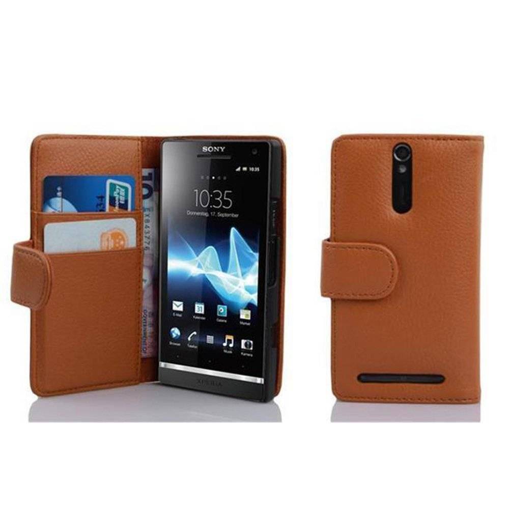 Cadorabo Handy Hülle für Sony Xperia S  Hülle in COGNAC BRAUN , Schutzhülle Tasche case cover mit Kartenfach im Struktur Design