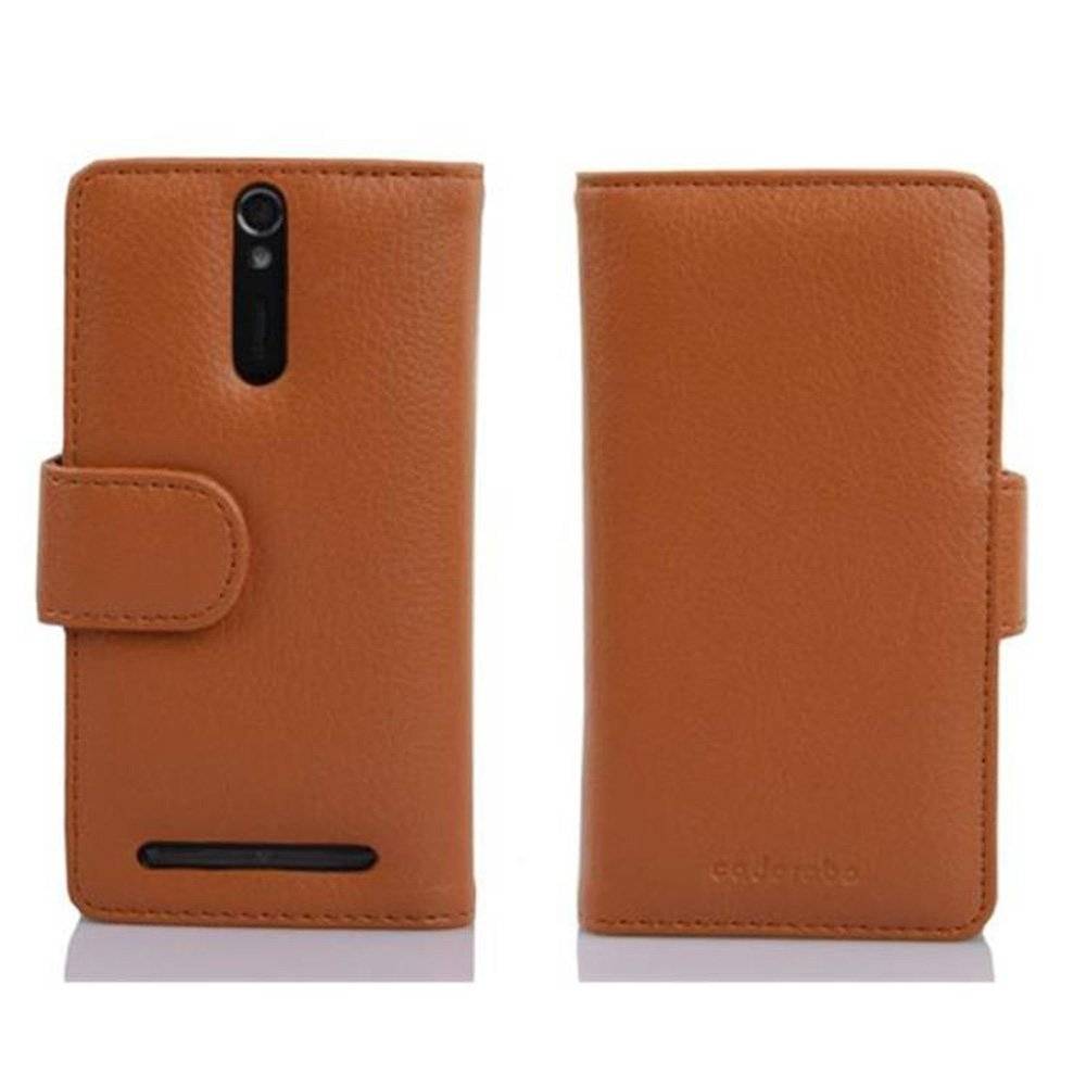 Cadorabo Handy Hülle für Sony Xperia S  Hülle in COGNAC BRAUN , Schutzhülle Tasche case cover mit Kartenfach im Struktur Design
