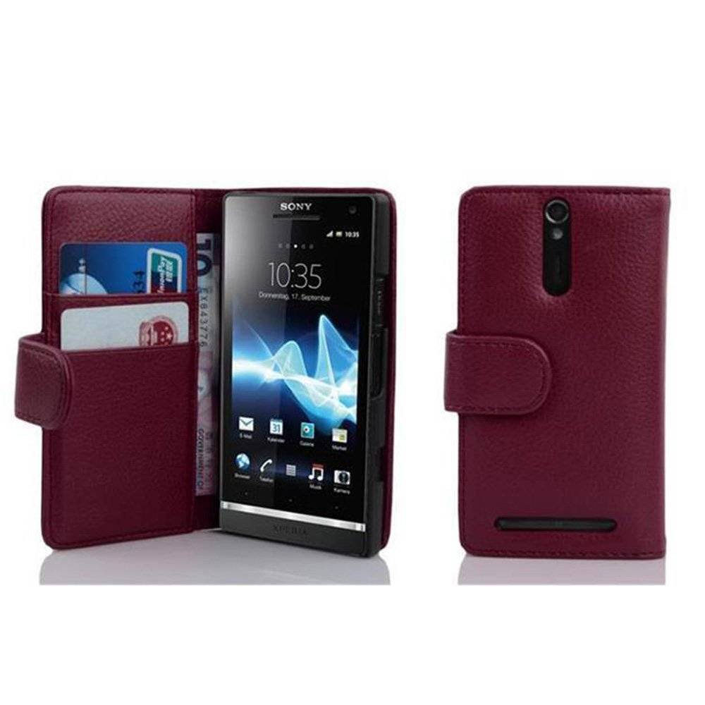 Cadorabo Handy Hülle für Sony Xperia S  Hülle in BORDEAUX LILA , Schutzhülle Tasche case cover mit Kartenfach im Struktur Design